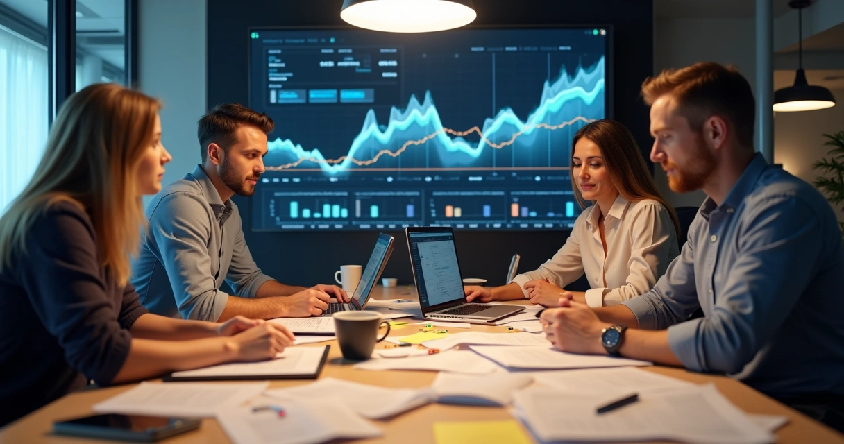Equipe de marketing em reunião com anotações detalhadas na mesa 