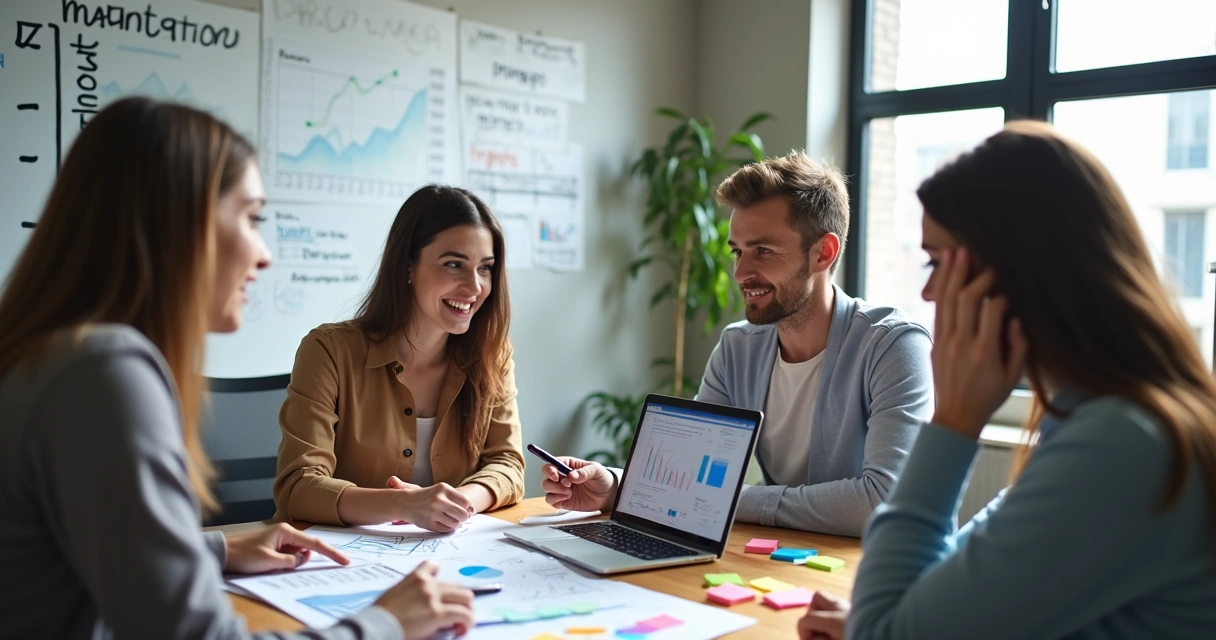 Equipe reunida analisando gráficos e discutindo estratégias em uma mesa de escritório