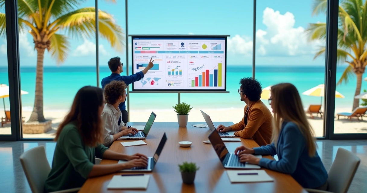 Equipe de marketing em reunião estratégica com vista para praia de Porto Seguro ao fundo 