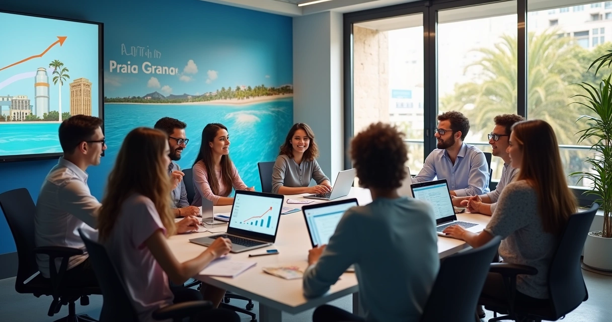 Reunião de equipe de marketing em ambiente de escritório na Praia Grande, analisando gráficos digitais em monitores 