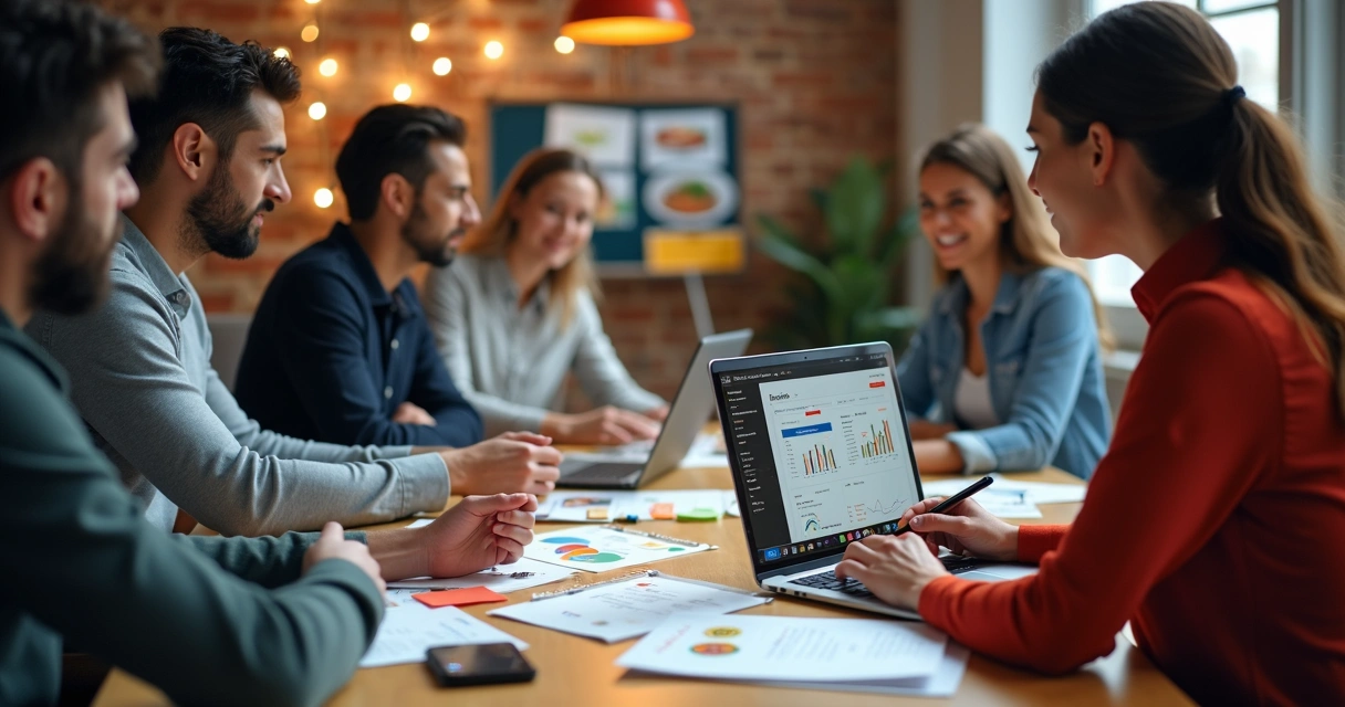 Equipe reunida analisando campanhas de restaurante em notebooks 