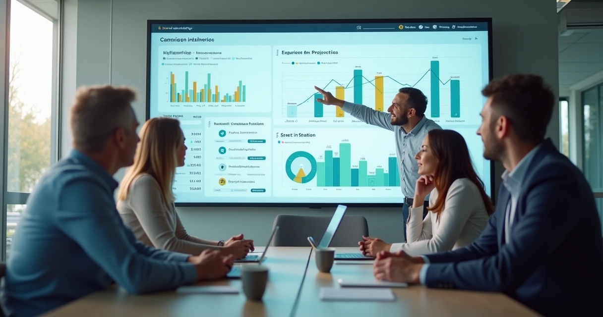 Reunião de marketing analisando resultados na tela 
