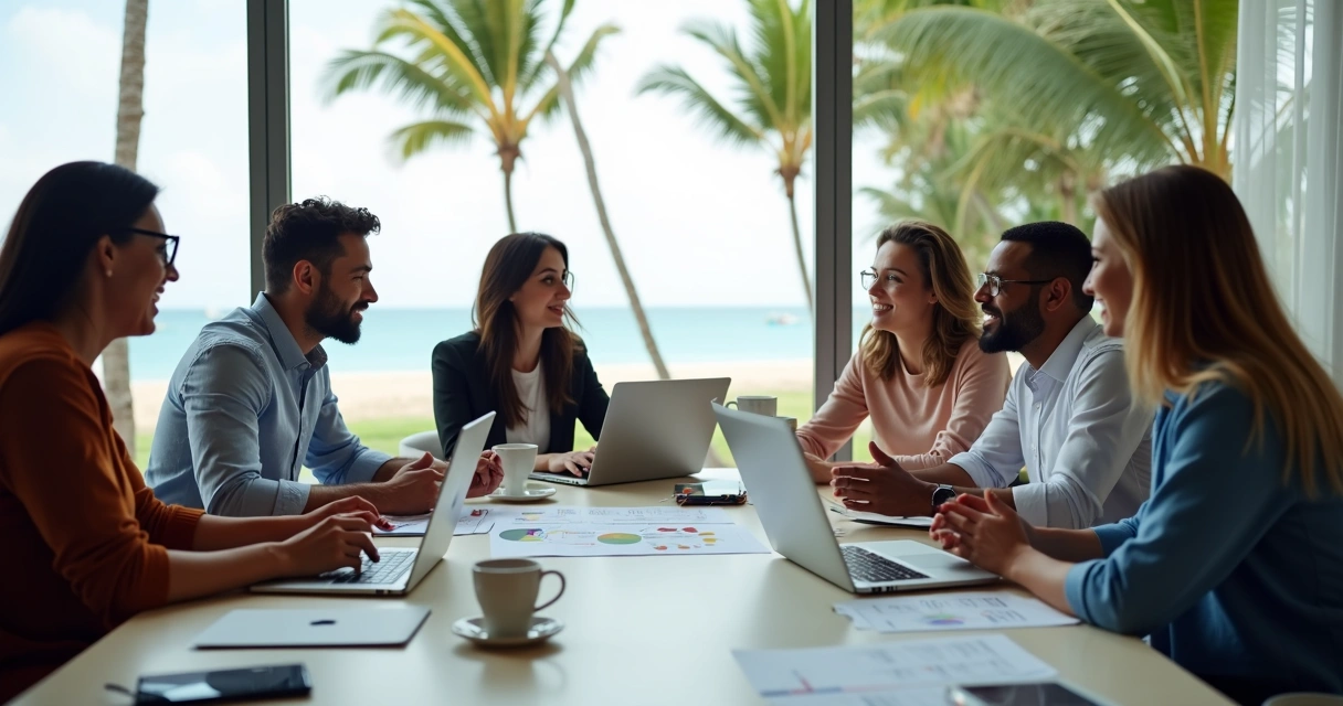 Equipe de profissionais de marketing reunida em mesa de escritório em Rio das Ostras 