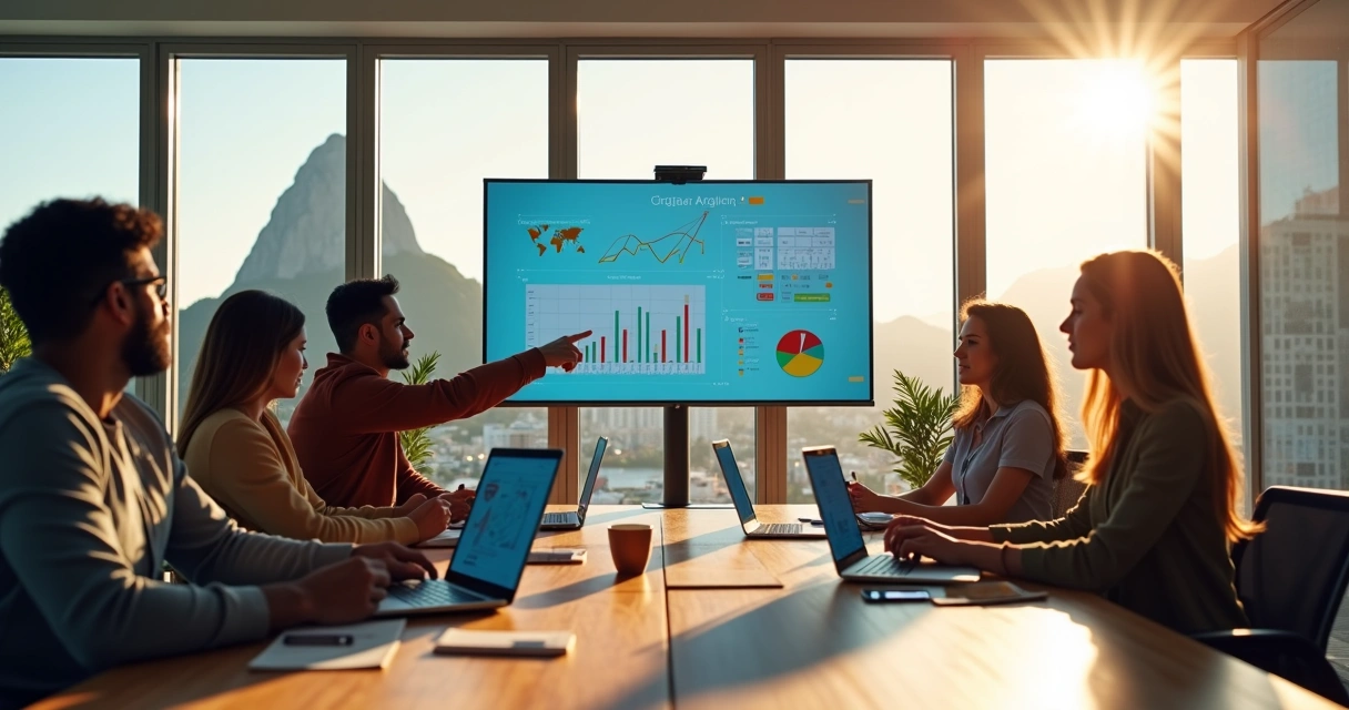 Equipe de marketing em reunião com vista para o Rio de Janeiro ao fundo 