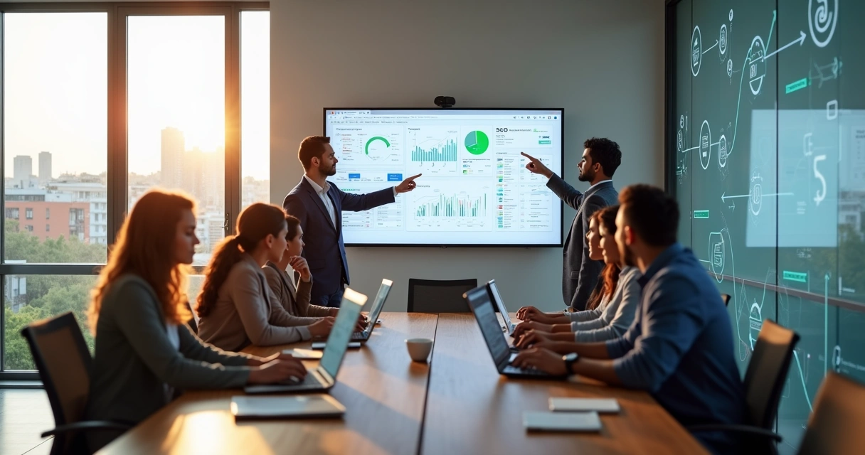 Equipe de marketing em reunião estratégica em escritório moderno com vista urbana 