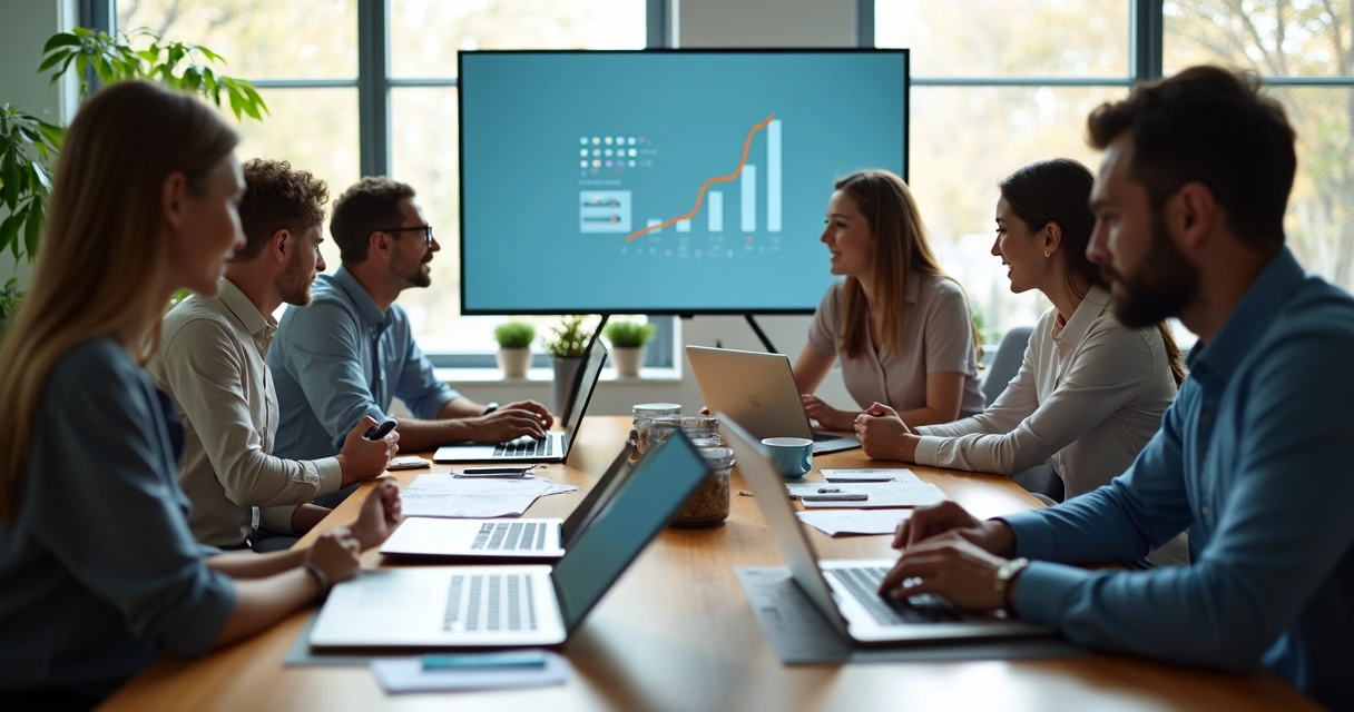 Equipe reunida em mesa de reunião discutindo estratégias de marketing digital 