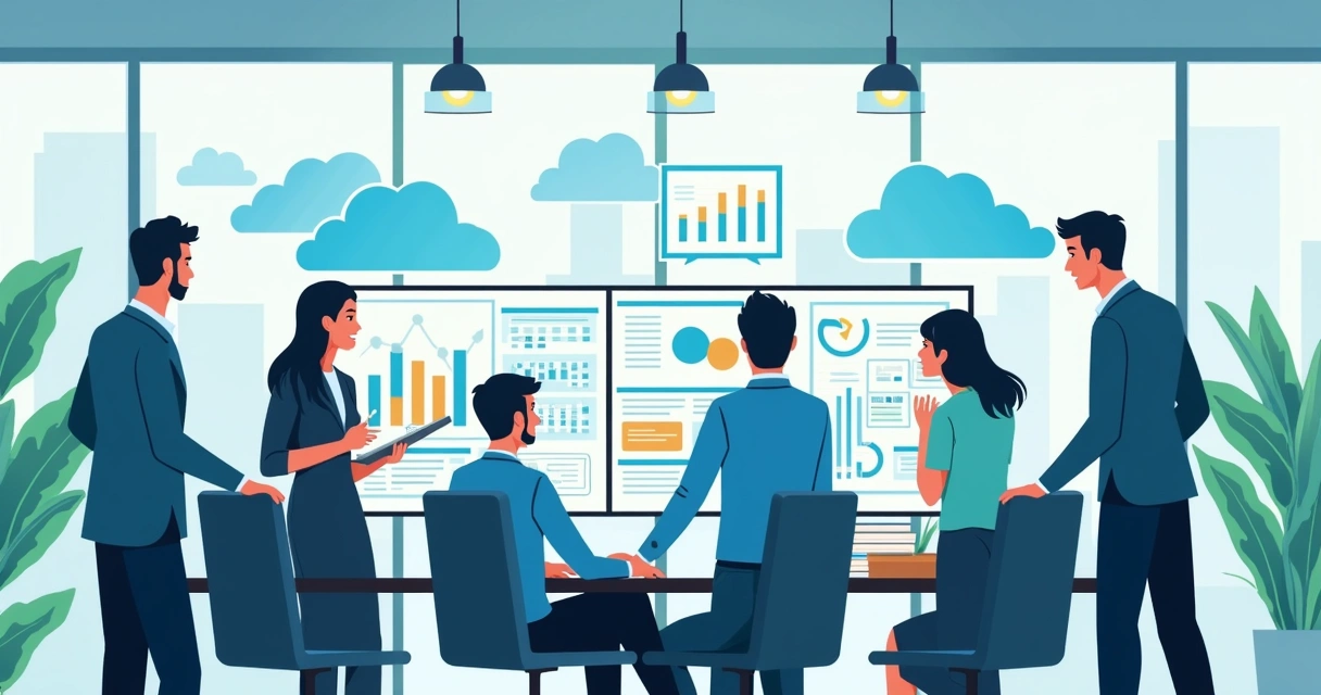 Equipe de marketing e vendas em reunião, analisando gráficos e resultados digitais
