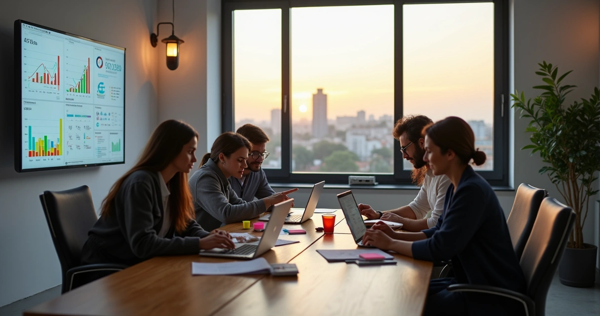 Equipe de marketing em reunião estratégica em escritório moderno 