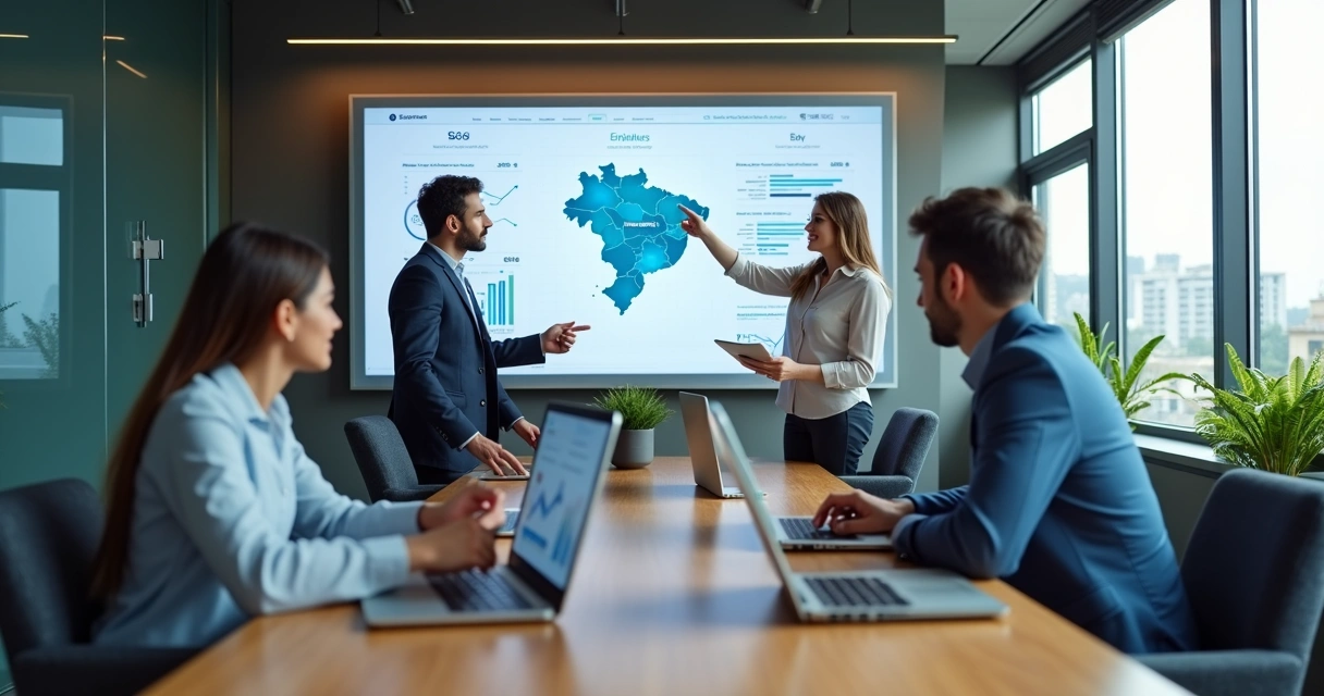 Equipe de marketing reunida em escritório moderno analisando gráficos digitais 