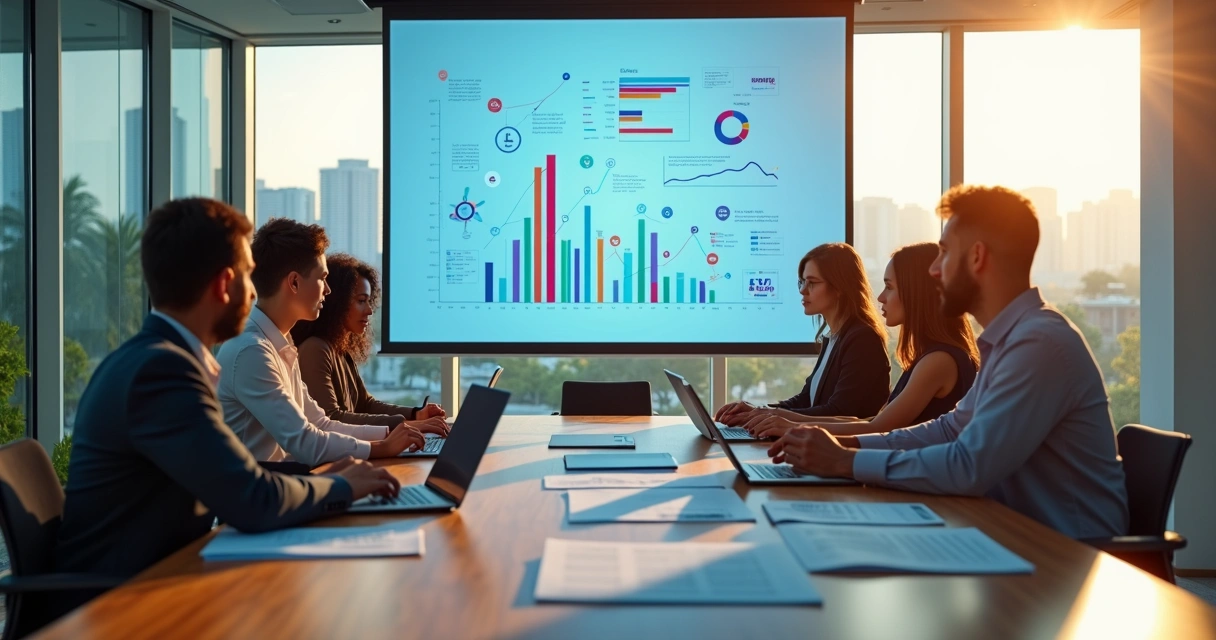 Equipe de marketing reunida em escritório moderno analisando gráficos digitais 