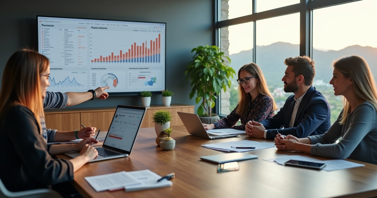 Equipe de marketing em reunião estratégica em escritório moderno com vista para cidade serrana 