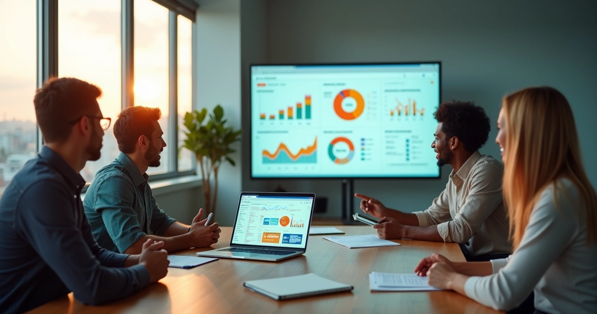 Equipe de marketing em reunião estratégica em escritório moderno 