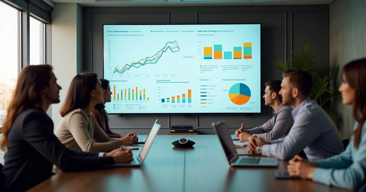 Reunião integrada entre equipes de marketing e vendas analisando dados 