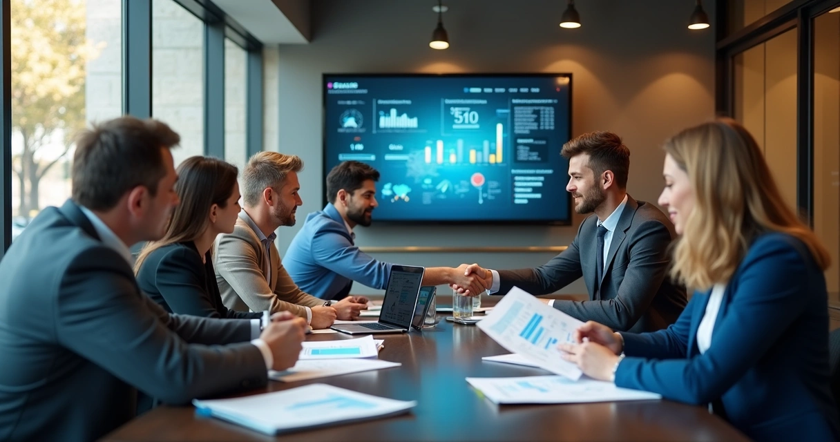 Executivos de marketing e vendas em reunião presencial analisando relatórios 