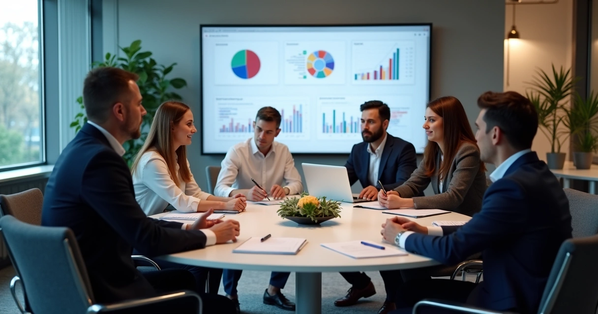 Equipe reunida em mesa redonda discutindo estratégias de marketing e vendas 