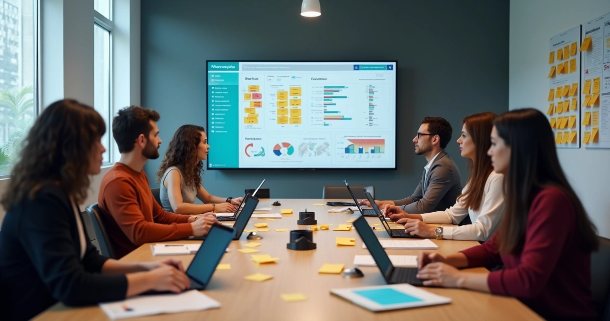 Equipe de marketing e vendas reunida discutindo relatórios de dados na mesa 