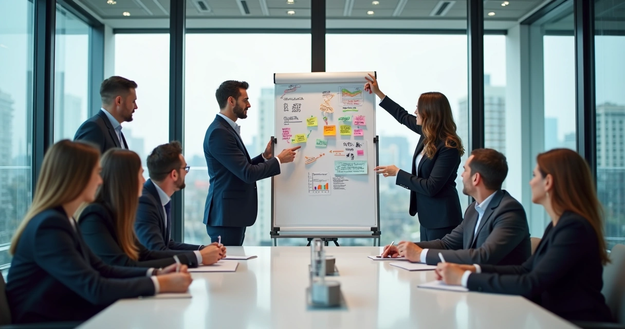 Equipe de marketing e vendas reunida em sala de reunião discutindo frente a um quadro branco 