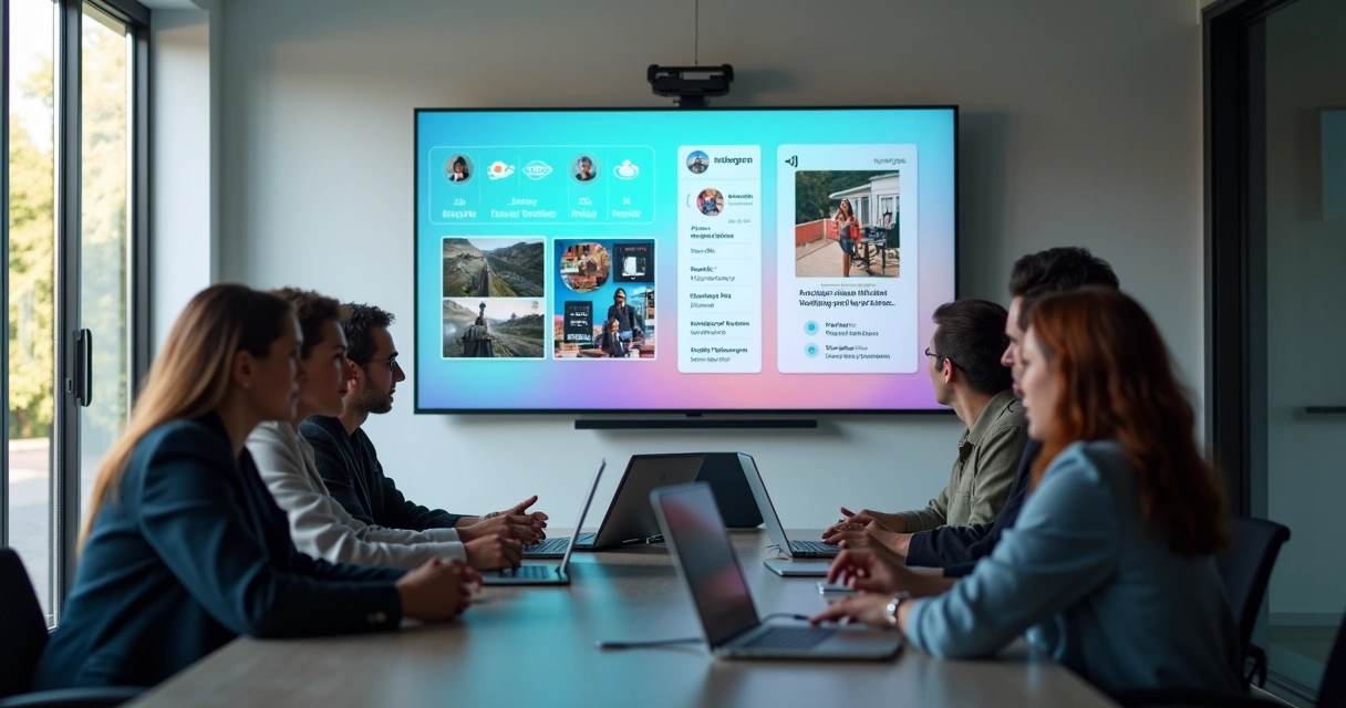 Equipe de marketing em reunião com TV mostrando playlists de conteúdos empresariais 