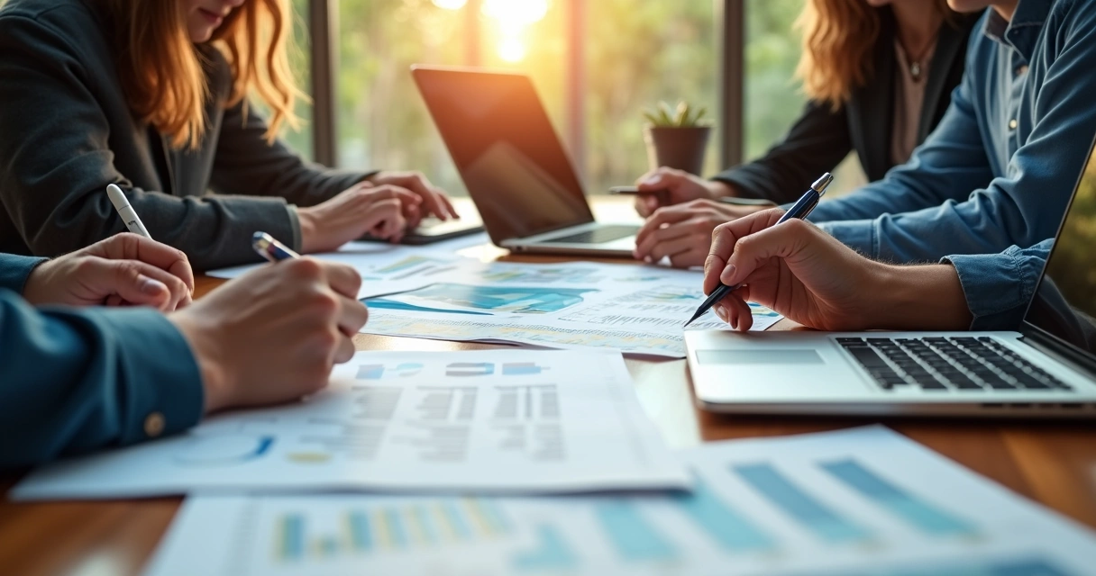 Time analisando relatórios e decisões de preços em reunião de marketplace
