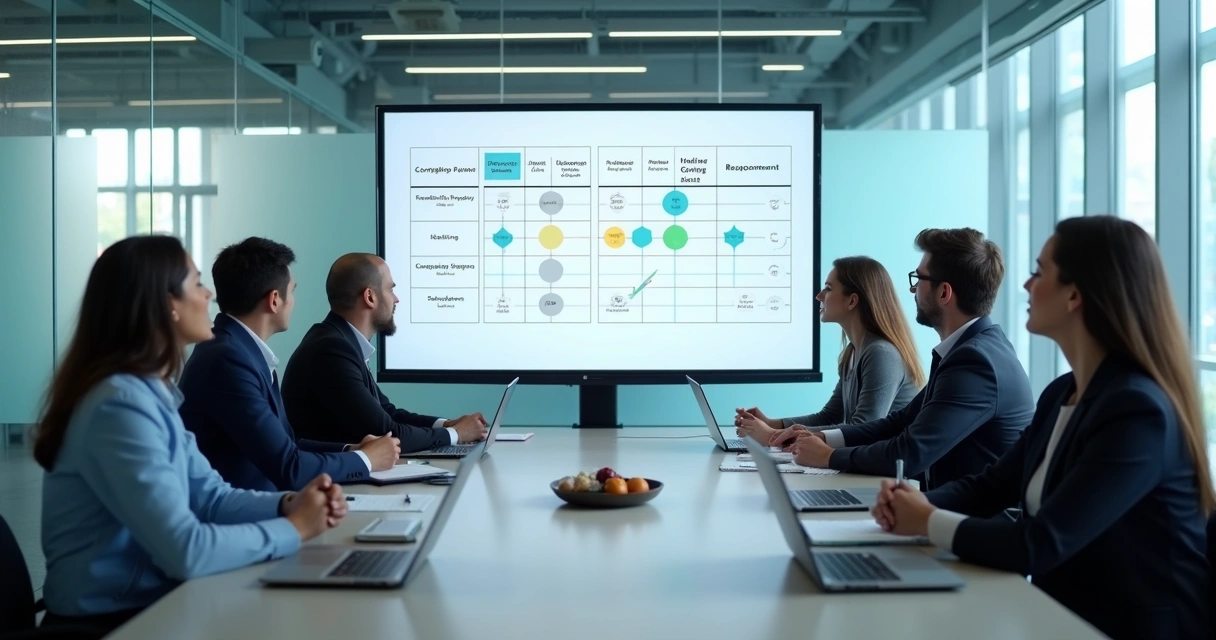 Líderes analisando matriz de responsabilidades em reunião 