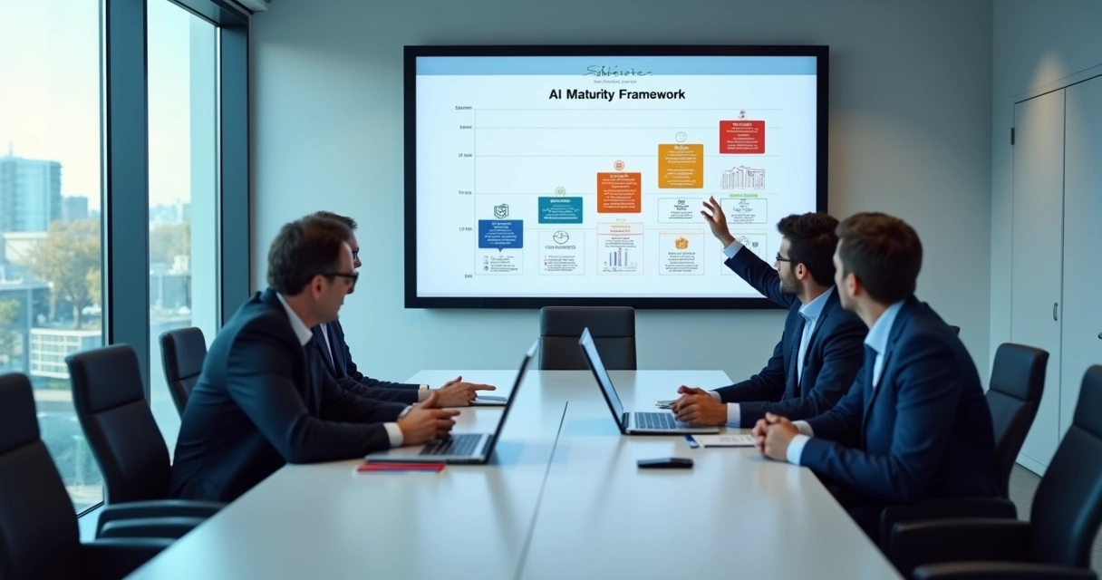 Executivos analisando painel de maturidade de IA em sala de reunião 