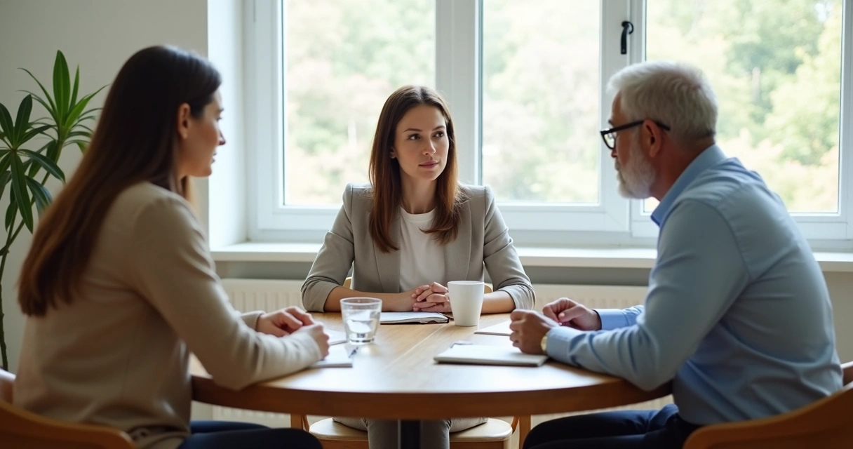 Mesa de mediação familiar com três pessoas conversando e anotando acordos 