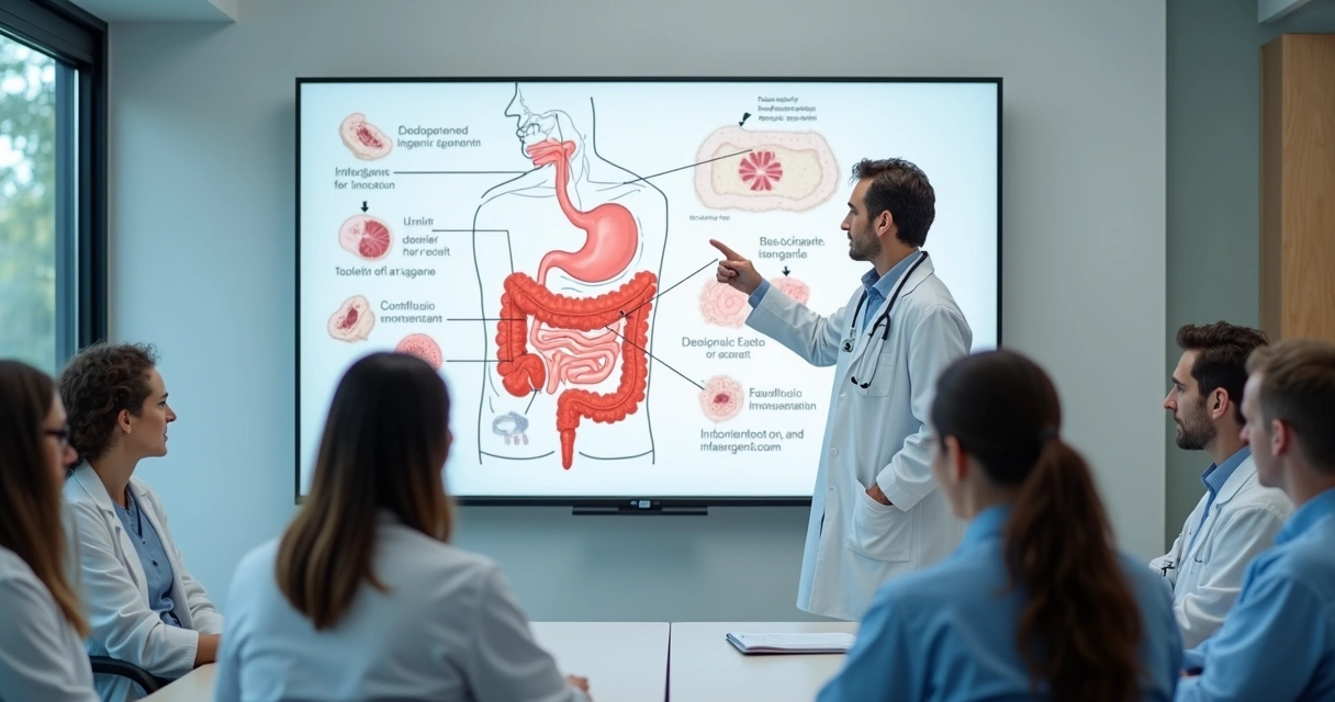 Médico explicando diarreia e trato intestinal com quadro branco 