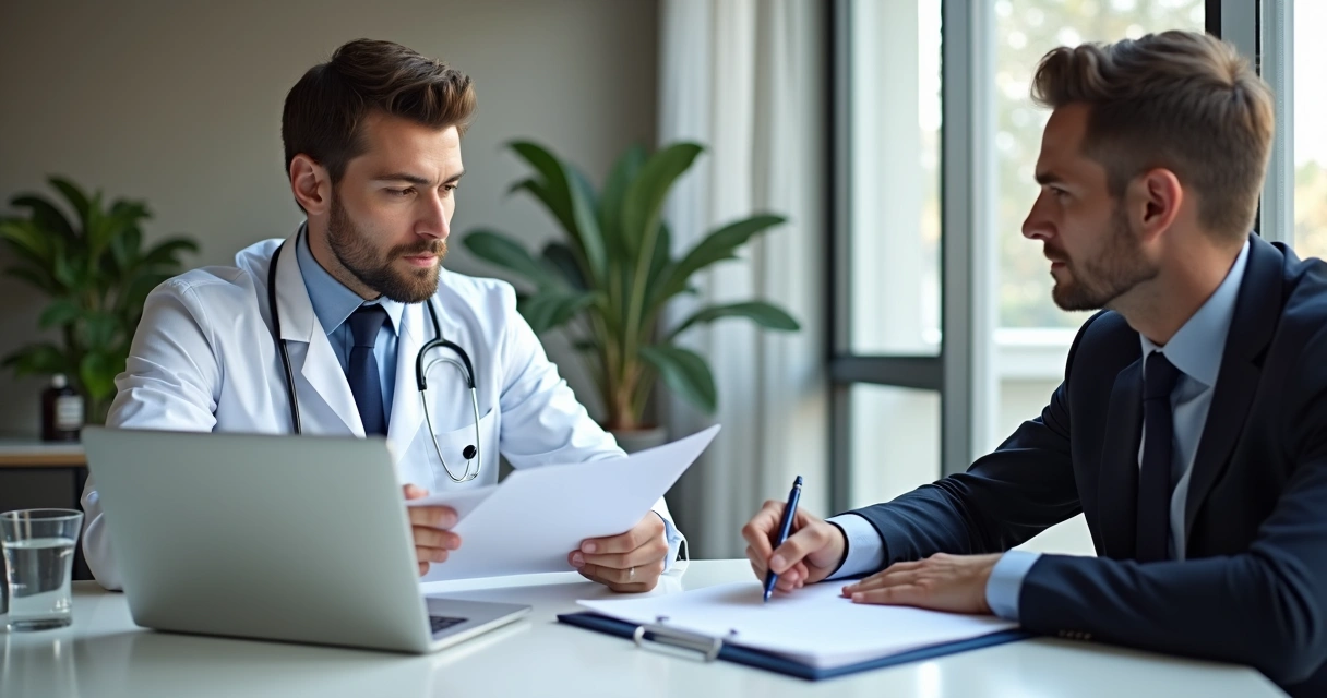 Médico e advogado revisando documentos em reunião