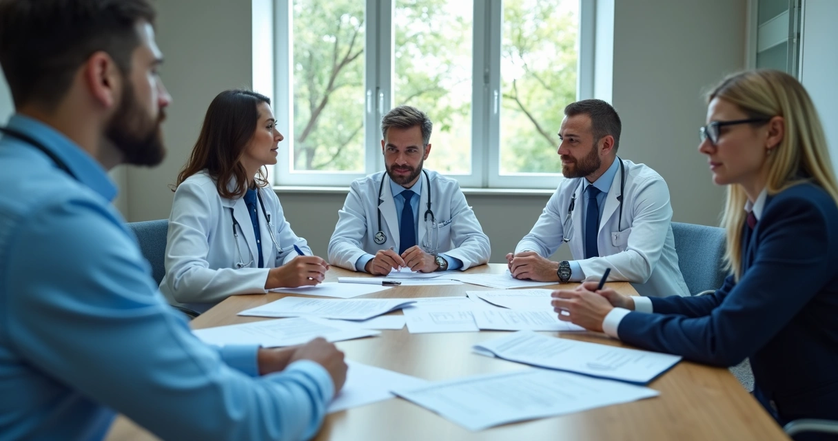 Sócios médicos reunidos em mesa de reuniões, analisando documentos, um deles com aparência estrangeira 