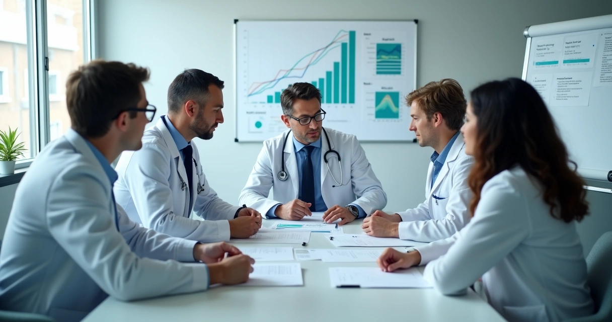 Equipe médica reunida analisando planilhas de custos 
