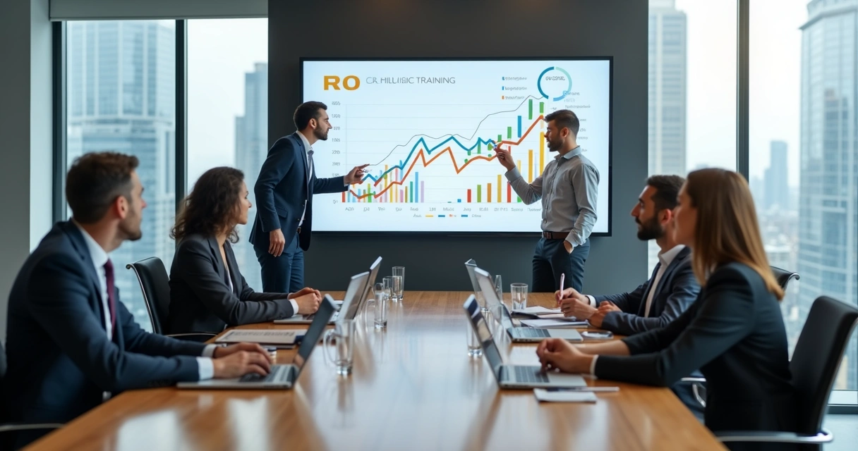 Gestores analisando gráficos de ROI de treinamento de liderança em reunião corporativa 