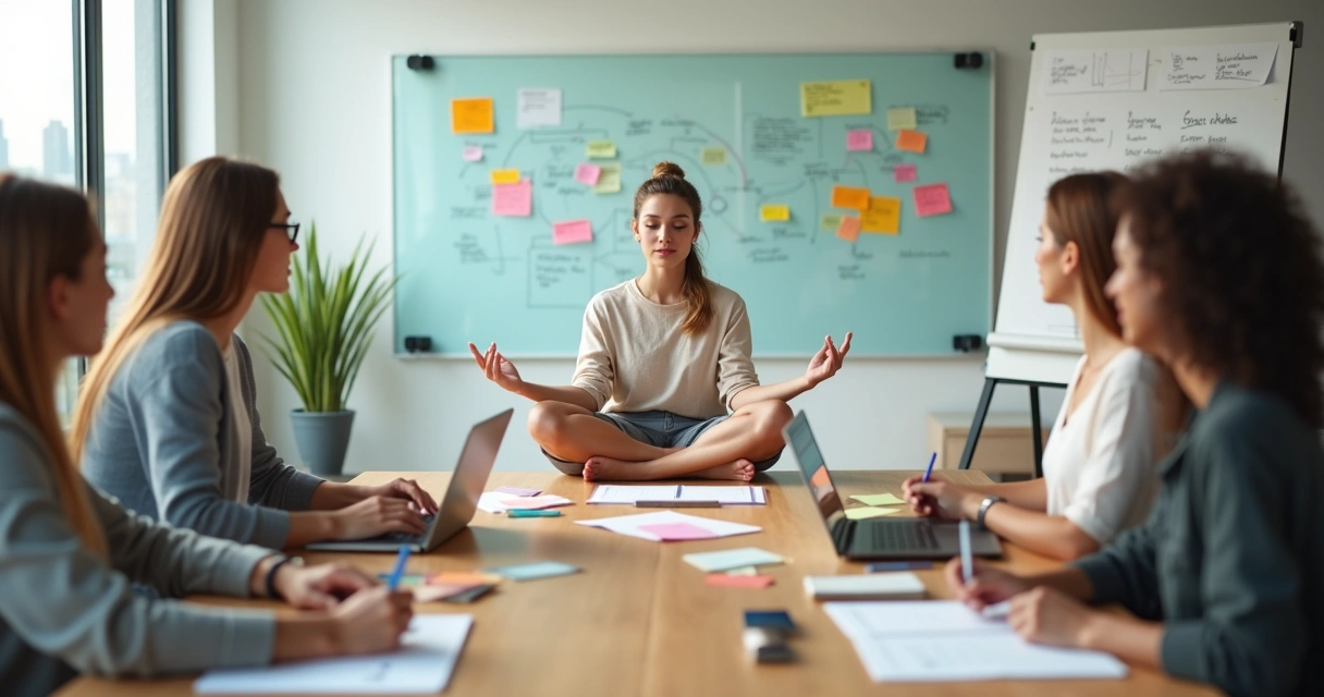 Pessoa em meditação silenciosa no centro de uma reunião de trabalho criativa 