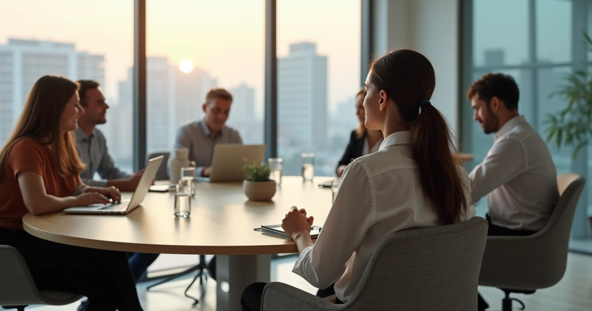 Grupo em reunião ao redor de mesa redonda com uma pessoa em postura de atenção calma 