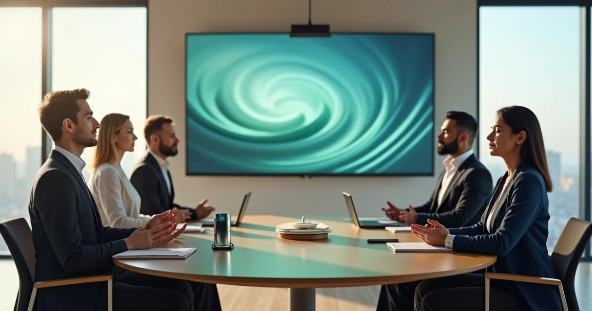 Equipe em torno de mesa redonda praticando meditação ativa em reunião de trabalho 