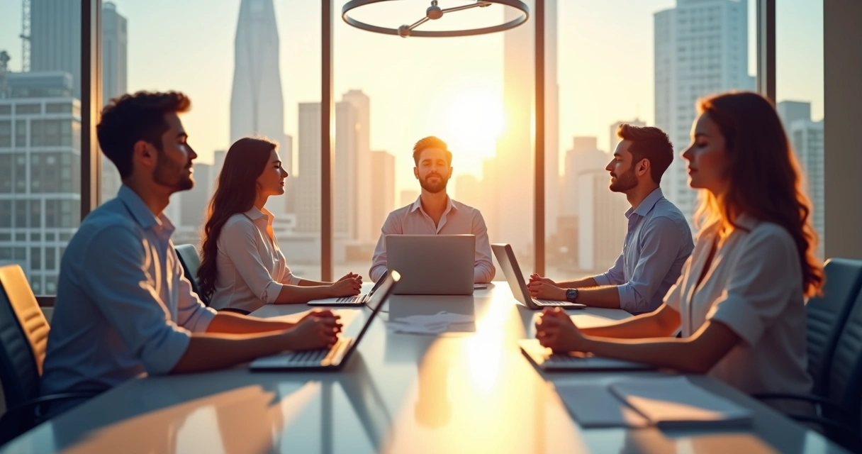Equipe sentada ao redor de uma mesa de reunião, todos em silêncio com os olhos fechados, praticando meditação coletiva, ambiente corporativo moderno ao fundo. 