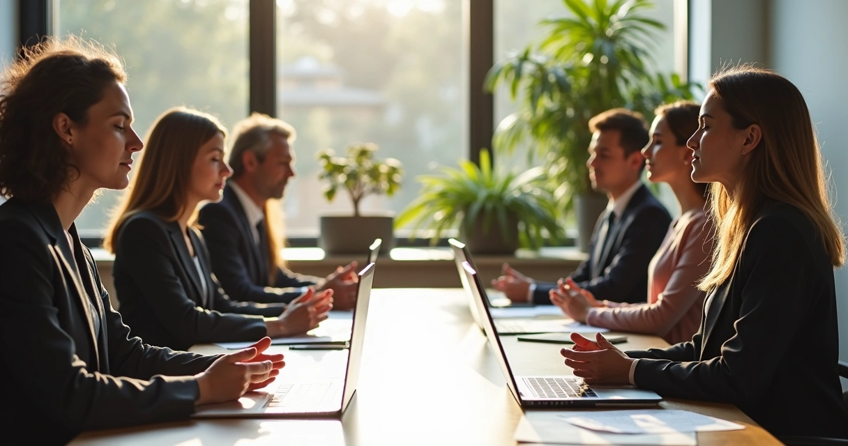Pessoas em reunião presencial fazendo respiração consciente 