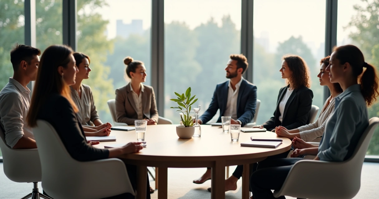 Grupo em reunião presencial sentado em círculo praticando breve meditação guiada 