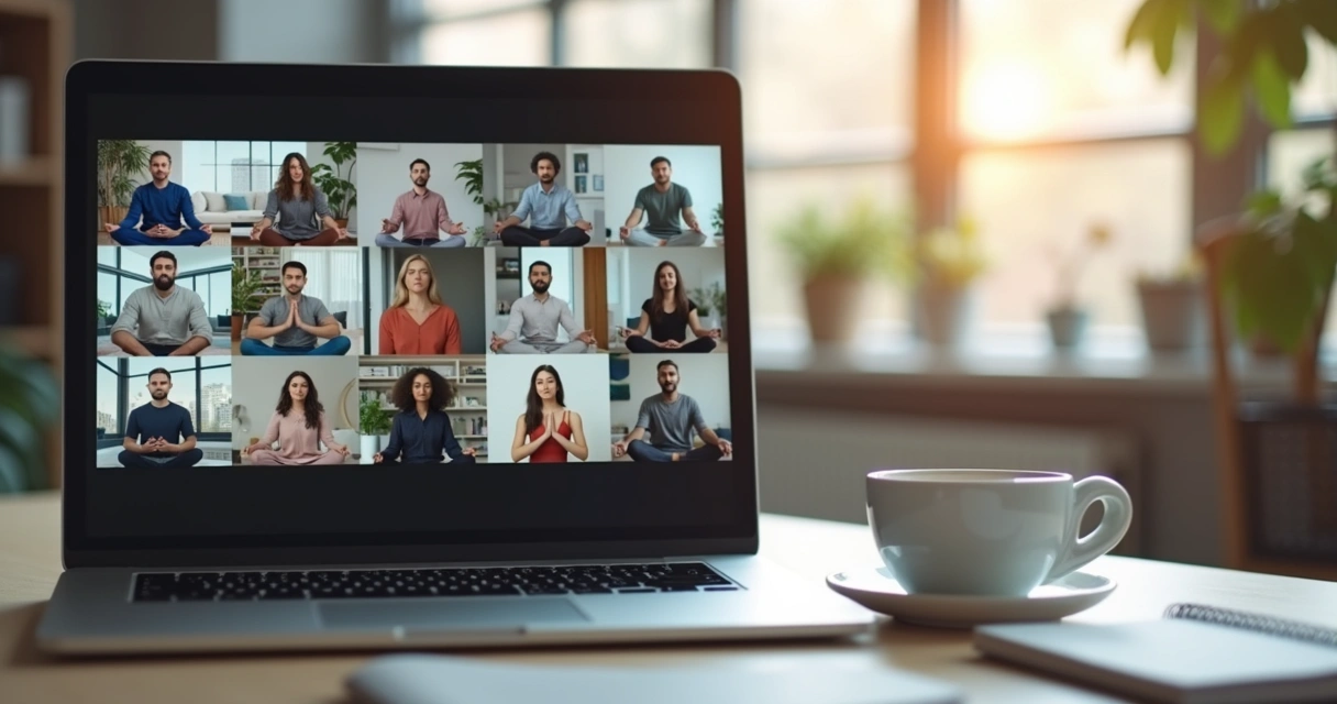 Equipe global em sessão de meditação por videochamada