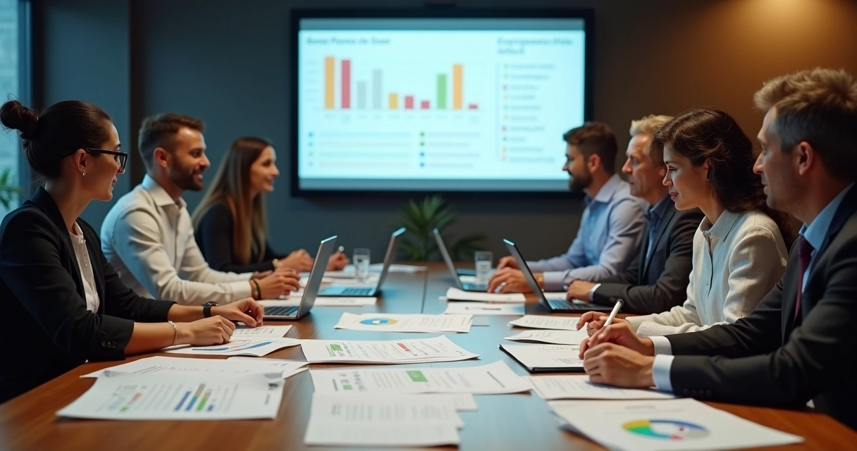 Equipe analisando relatórios de SLA em reunião 