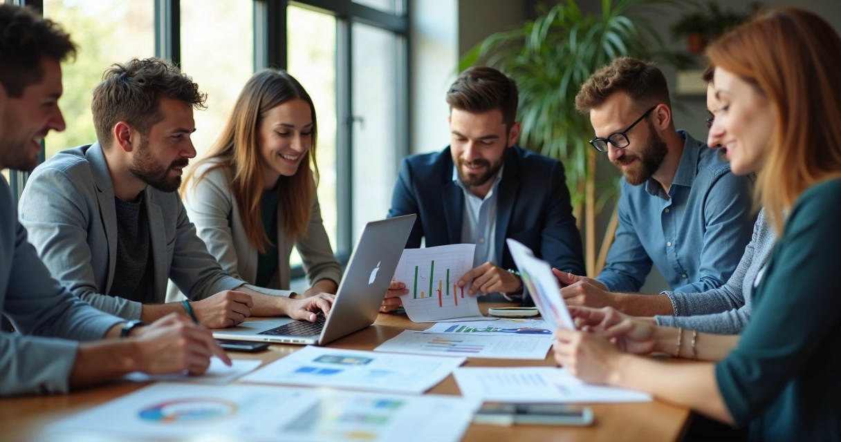Equipe analisando gráficos em reunião mensal com clientes 