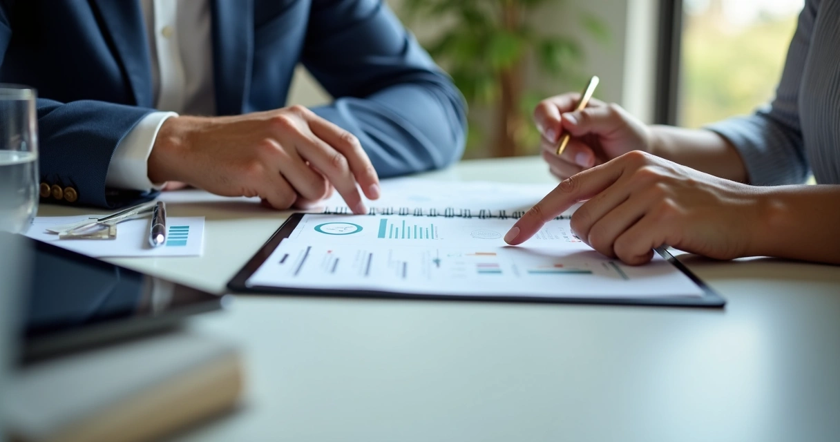 Financeiro e comercial em reunião olhando relatórios 