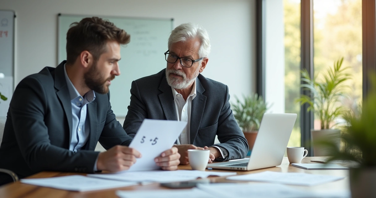 Mentor e empresário em reunião tranquila em escritório moderno. 