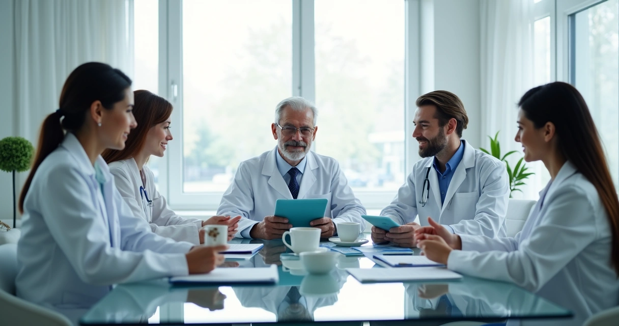 Grupo de médicos reunidos em mentoria em clínica moderna 