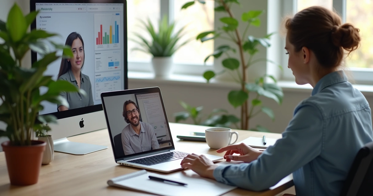 Reunião de mentoria online com anotações de metas na tela