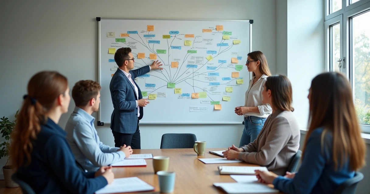 Grupo em reunião de mentoria com anotações visuais em painel 