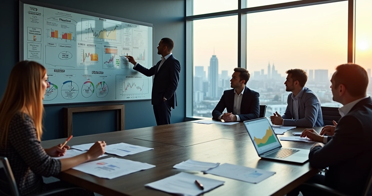 Equipe discutindo plano de trading em mesa proprietária moderna 