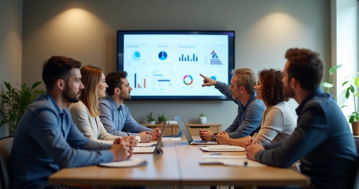 Equipe de uma PME reunida ao redor de uma mesa analisando gráficos de metas 