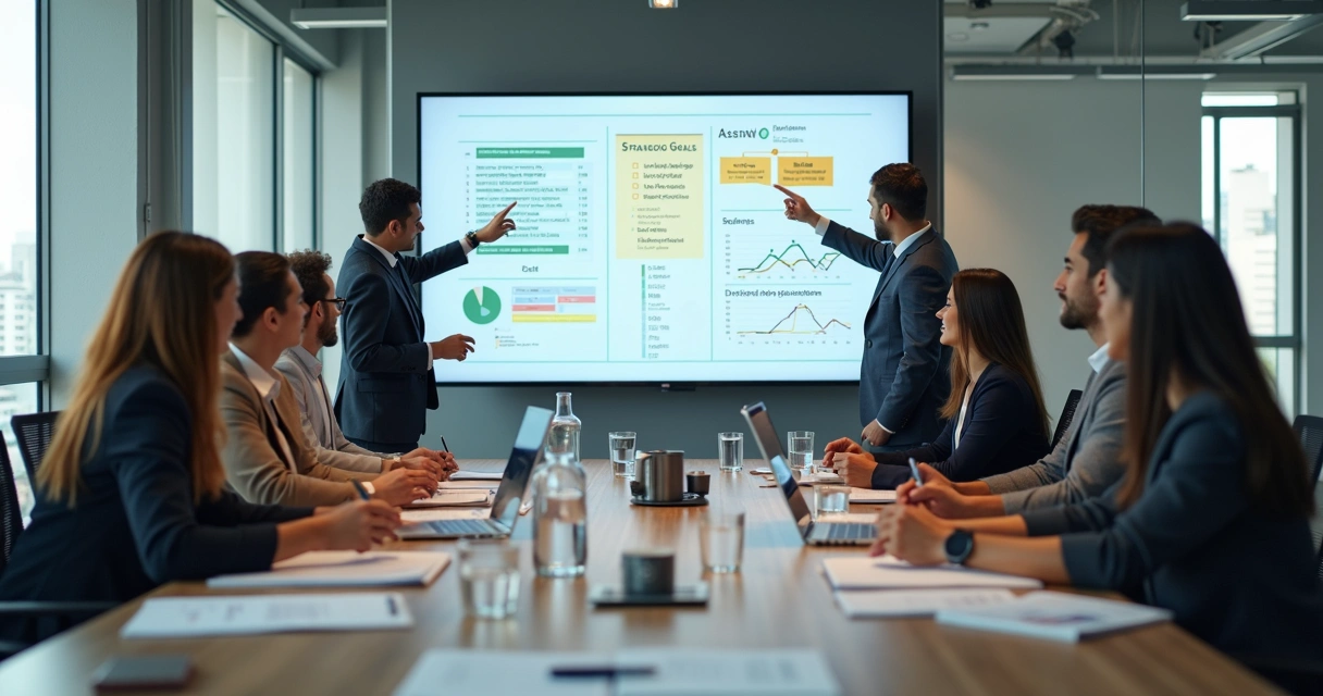 Equipe alinhando metas em reunião com indicadores 