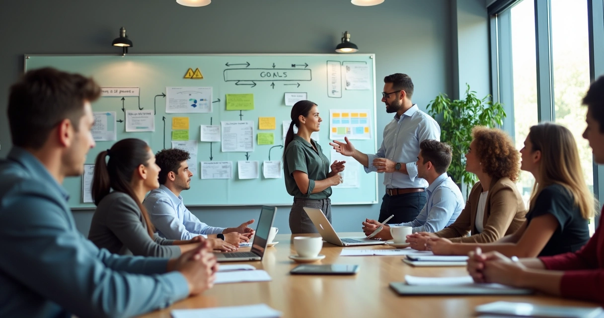 Equipe em reunião revisando metas e indicadores