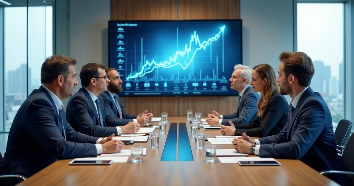 Executivos em reunião analisando metas e gráficos financeiros